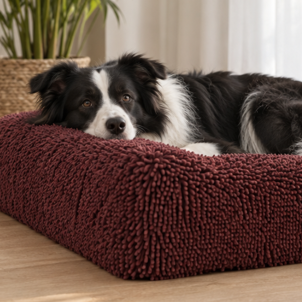 Border collie rust met zijn kop op de rand van de Towel Hoes Oxblood Red